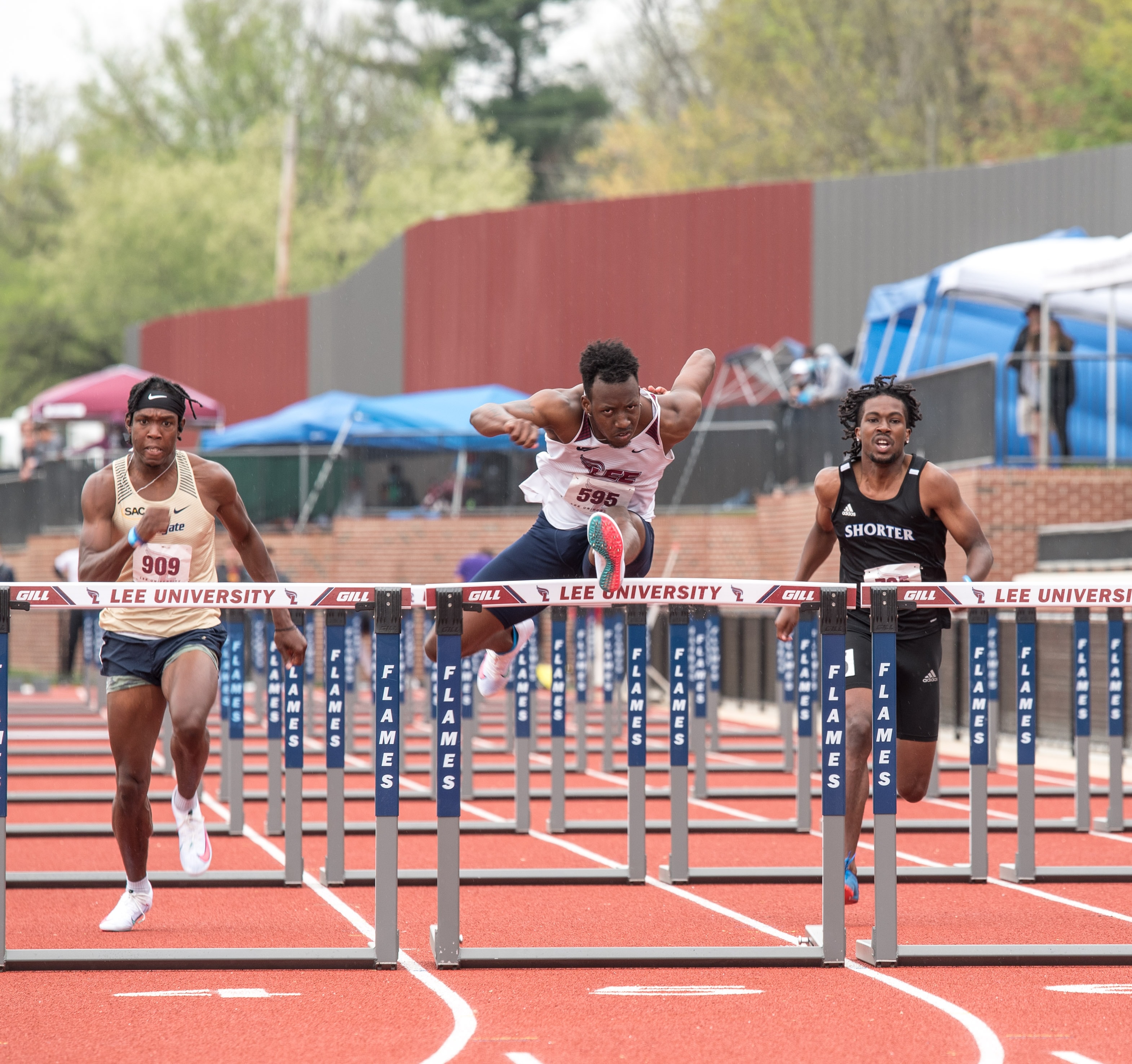 Athletes competing in hurdles race at Lee University